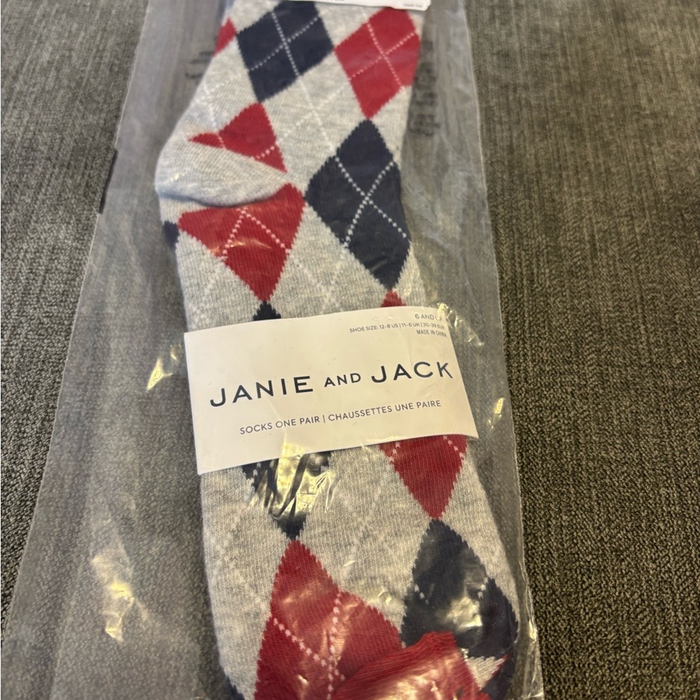 Janie and Jack Red Blue & Gray Argyle Socks